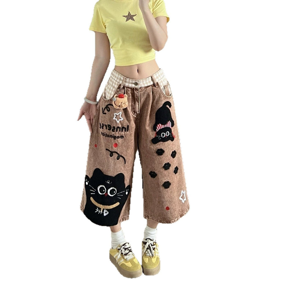 Fun Cartoon Patchwork Denim Capri Pants Loose Wide Leg Mid Jeans