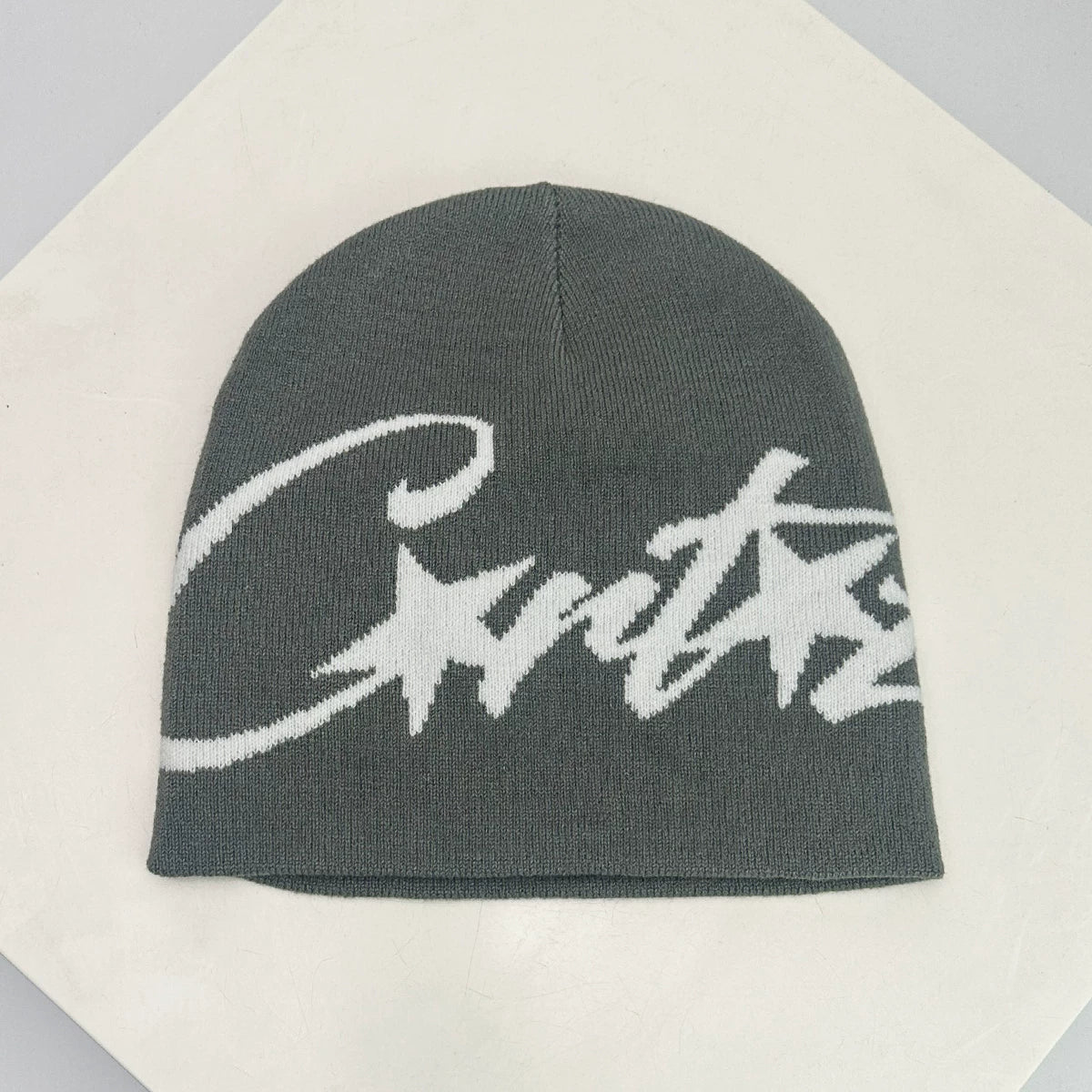 Corteiz Oversized Script Knit Beanie – Black / Grey / Curry