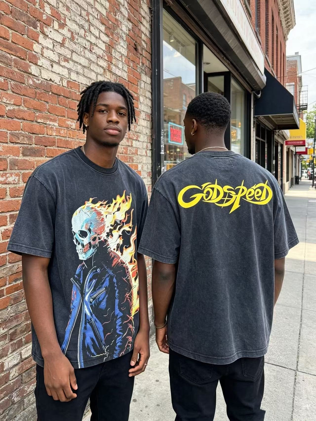 Godspeed Flaming Skull Washed Black Graphic T-Shirt