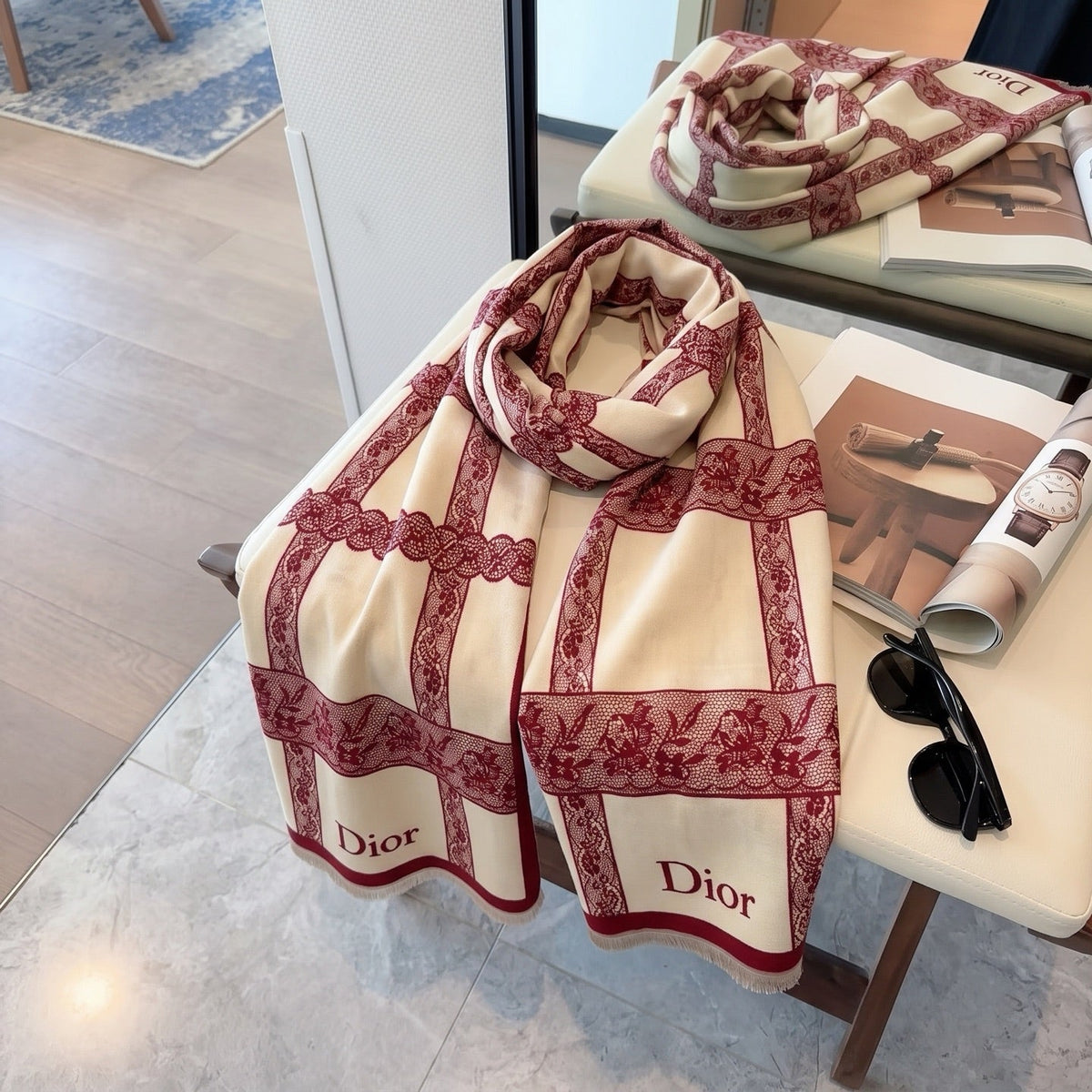 Dior Style Toile Fringe Scarf