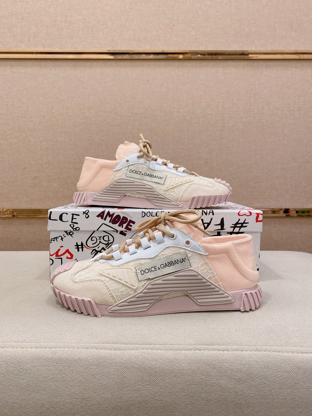 Dolce & Gabbana Pale Pink Cream Low-Top Sneakers