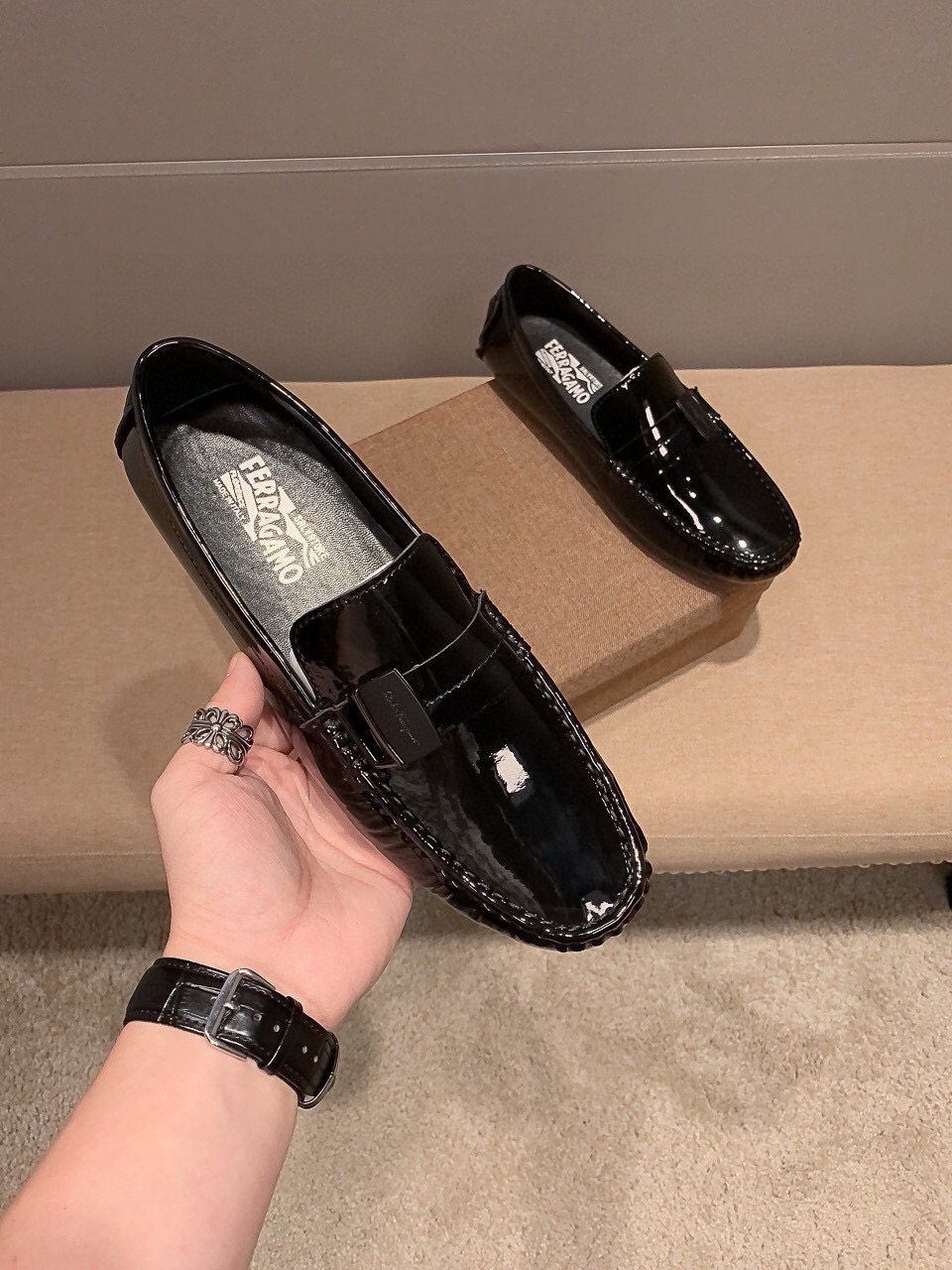 Ferragamo Black Patent Leather Loafers