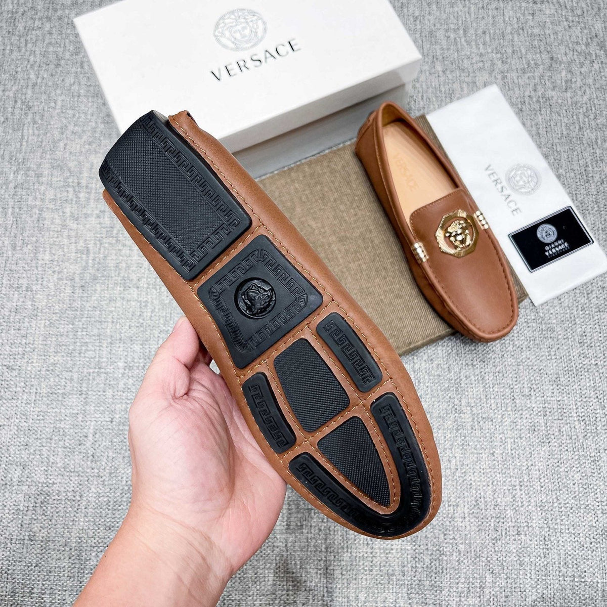 Versace Tan Brown Leather Driving Loafers