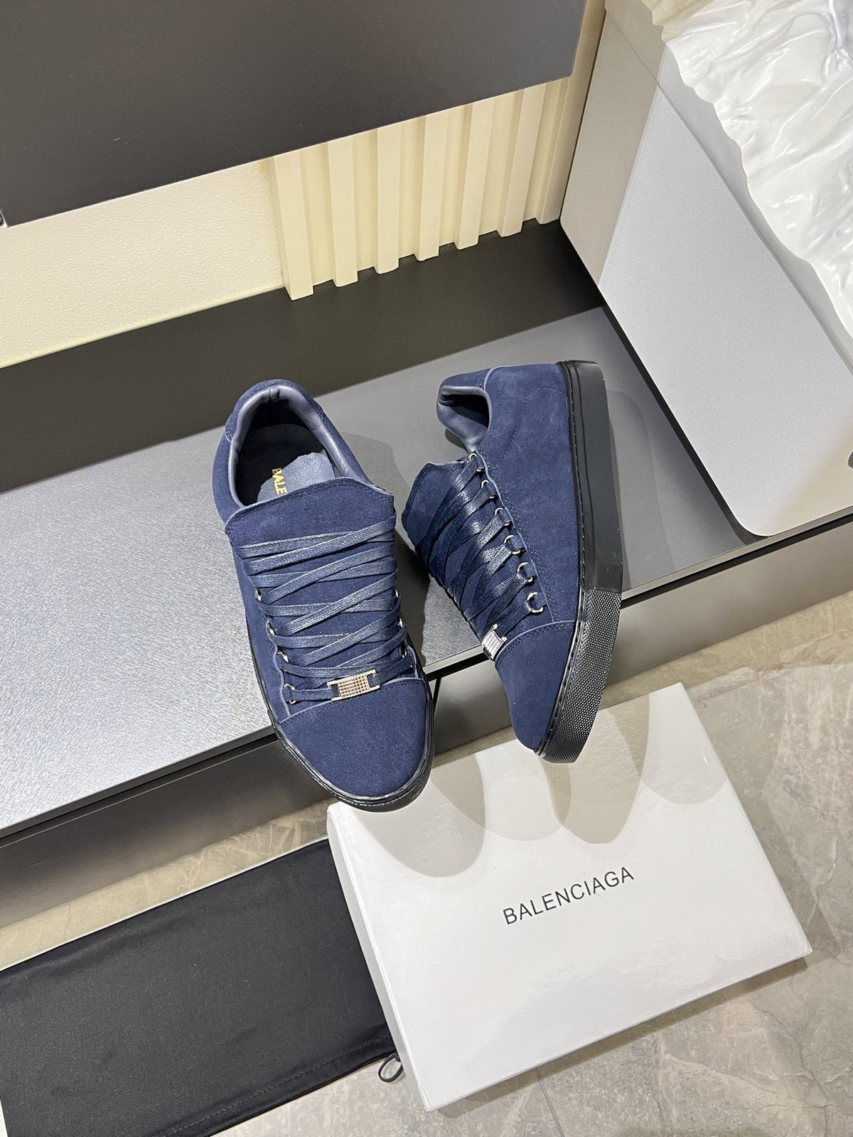 Balenciaga Navy Blue Textured Low-Top Sneakers