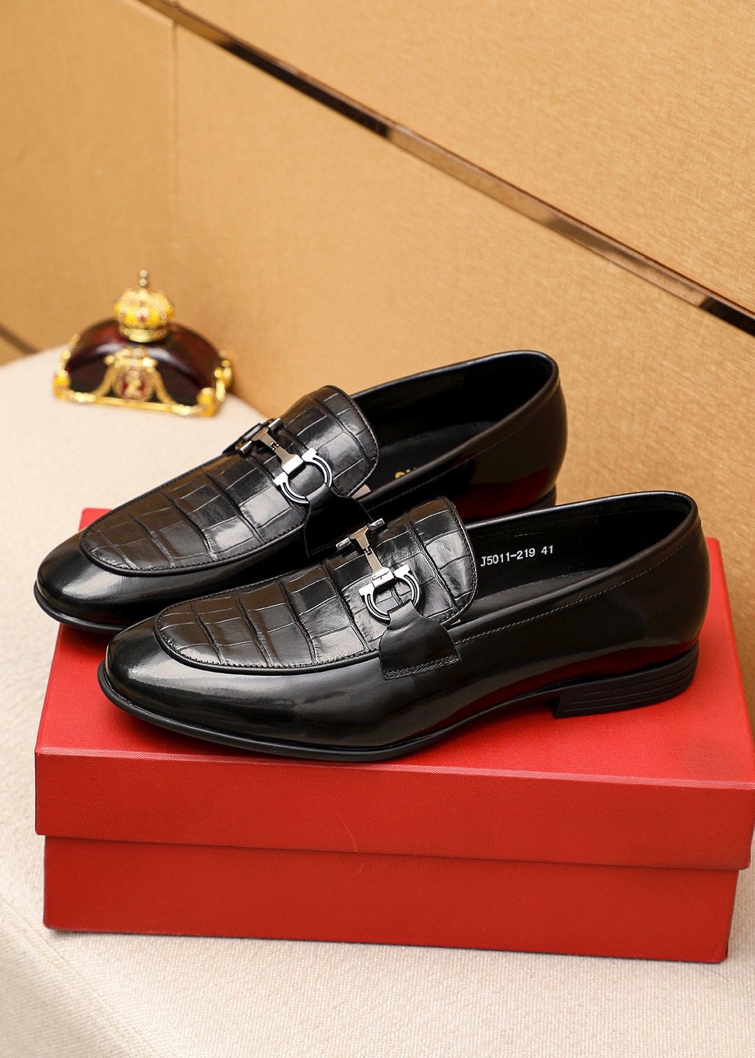 Ferragamo Black Embossed Buckle Loafers - Metal-Tone Vamp Buckle