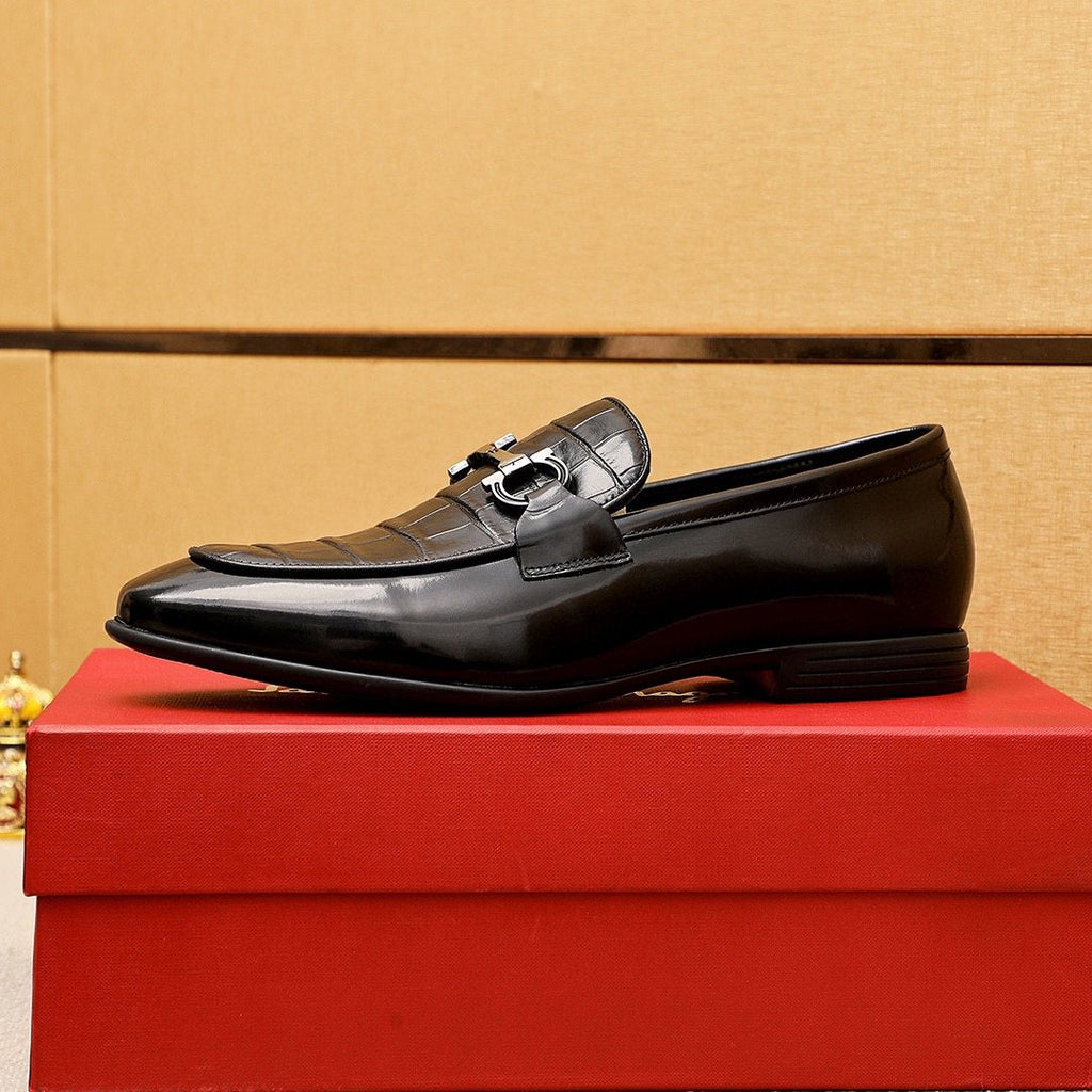 Ferragamo Black Embossed Buckle Loafers - Metal-Tone Vamp Buckle