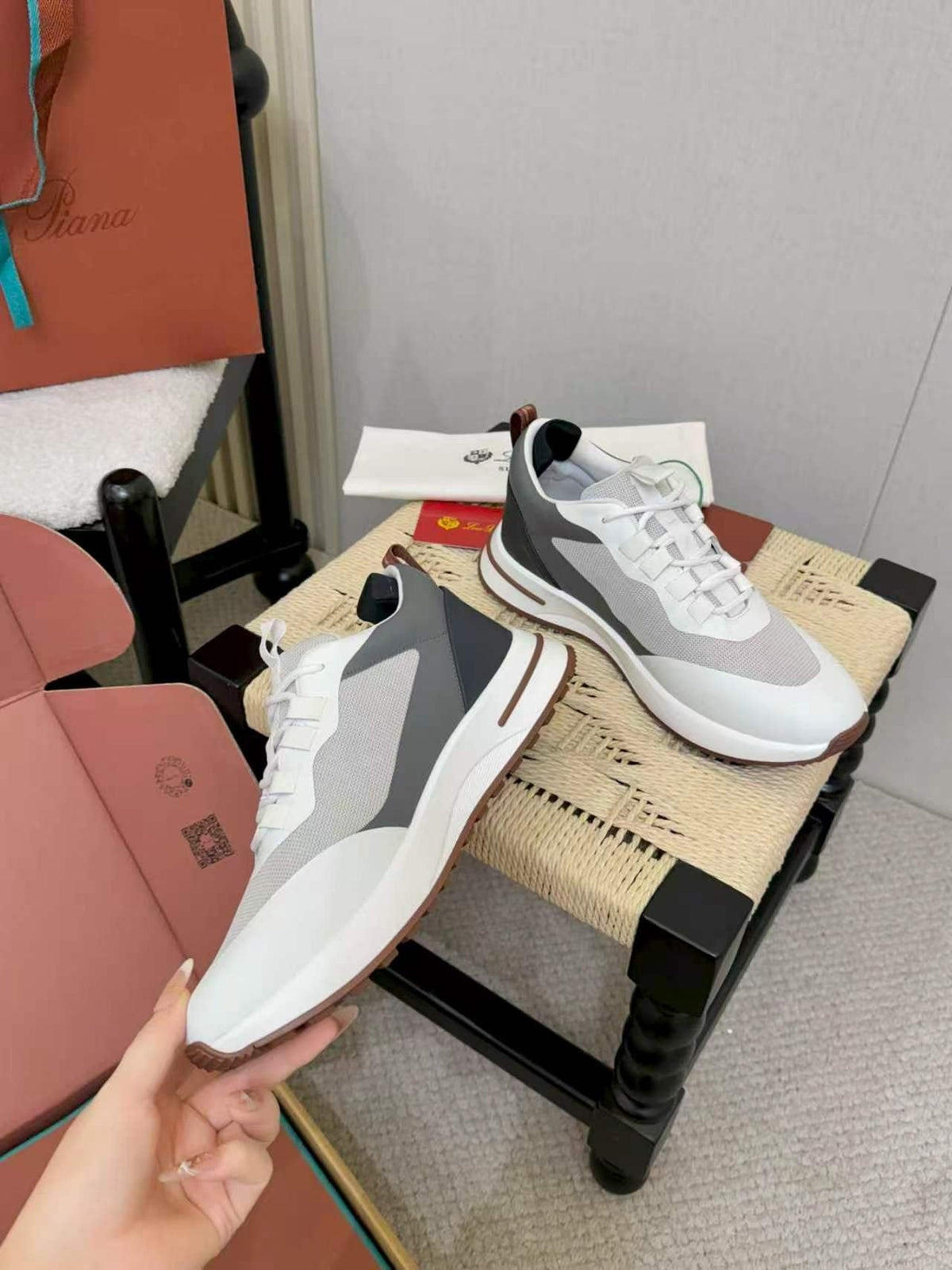 Loro Piana Men's White & Gray Low-Top Sneakers