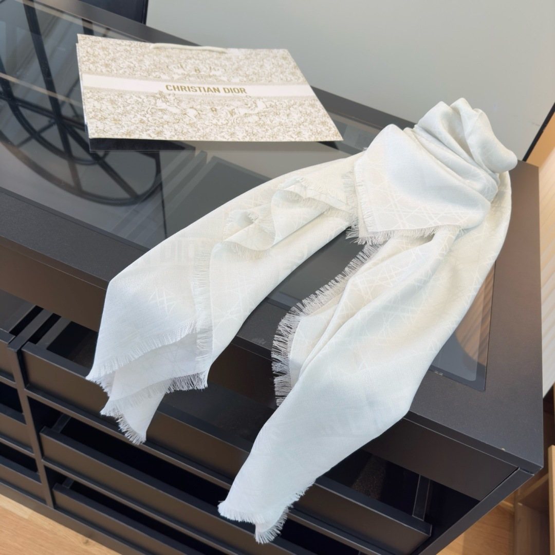 Dior White Geometric Fringed Scarf
