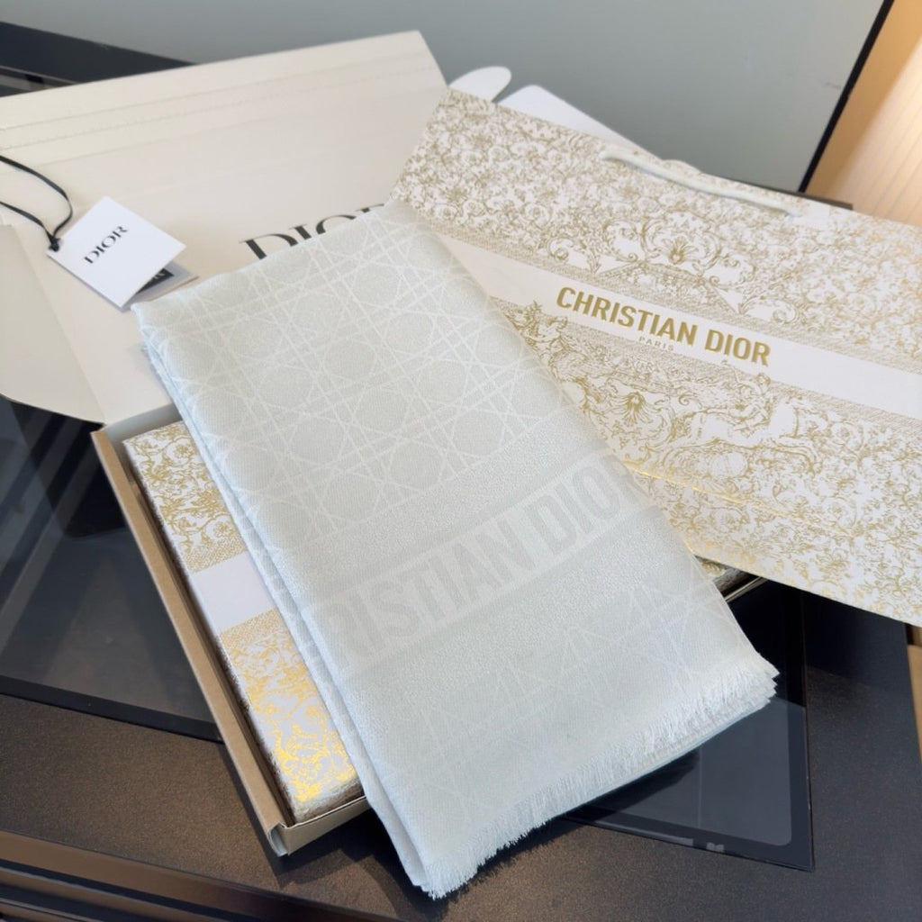 Dior White Geometric Fringed Scarf