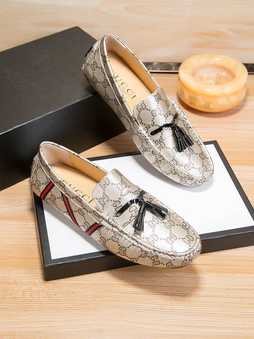Gucci Monogram Stripe Tassel Loafers