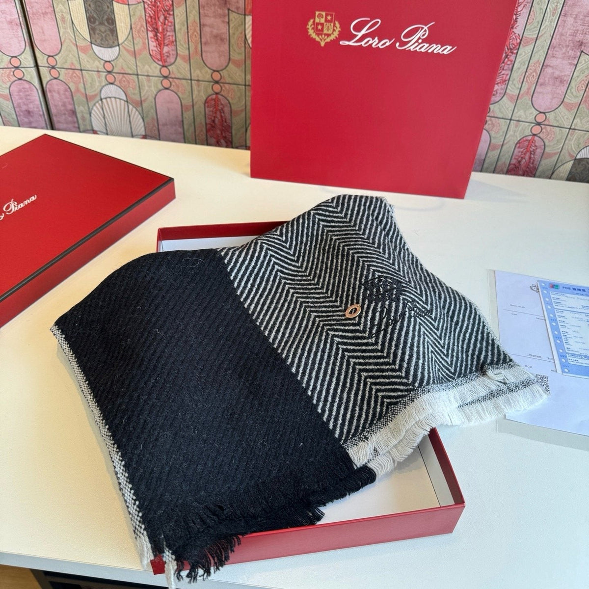 Loro Piana Herringbone Fringe Scarf