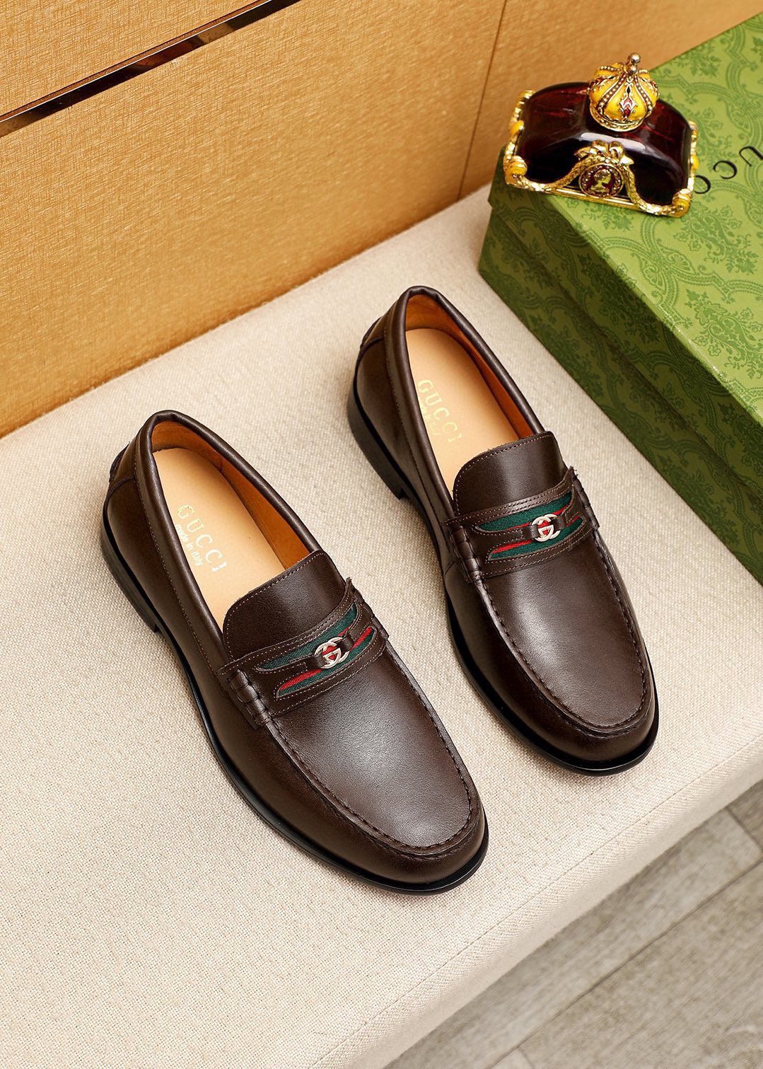 Gucci Web Stripe Leather Loafers